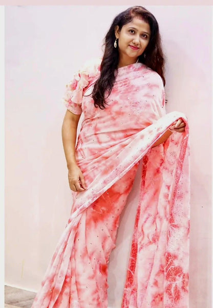 Handcrafted Georgette Chikankari Saree with Mukaish Tiki – NawabiLehaja