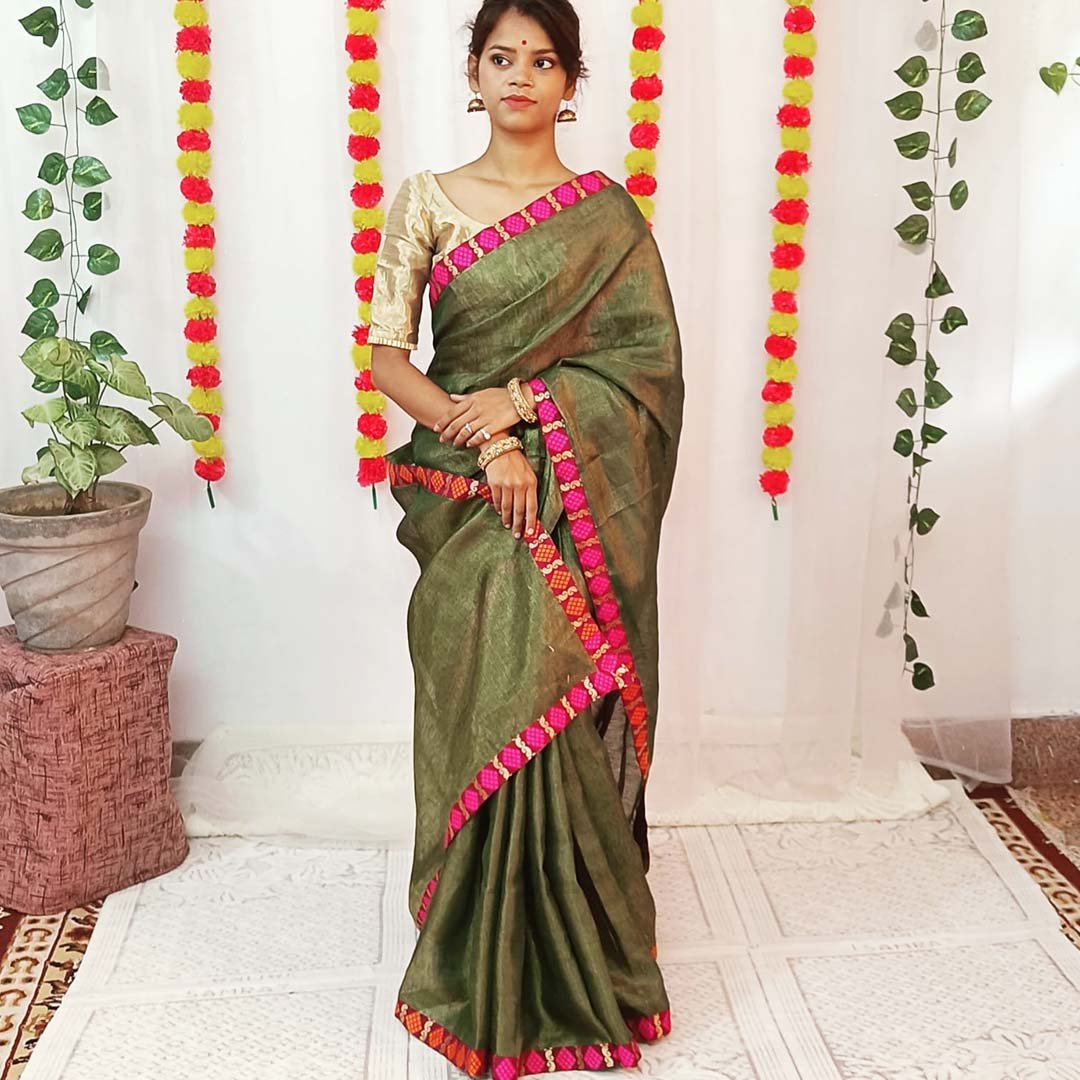 Lime Green Organic Linen Saree – The Thread Weavers