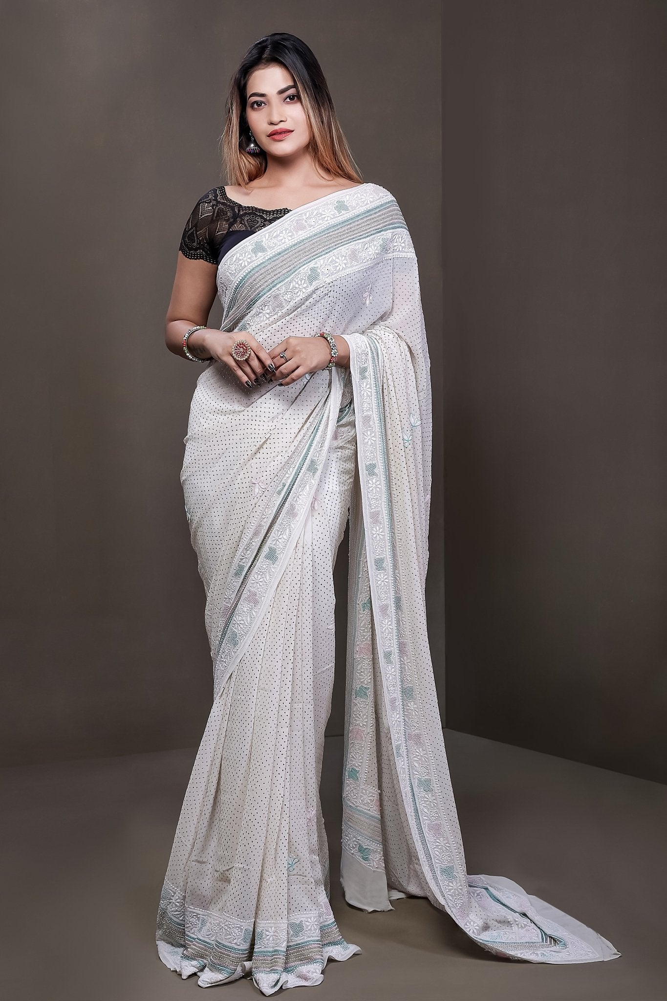 Pure Georgette Saree With Embroidery Pearl Work With Embroidery