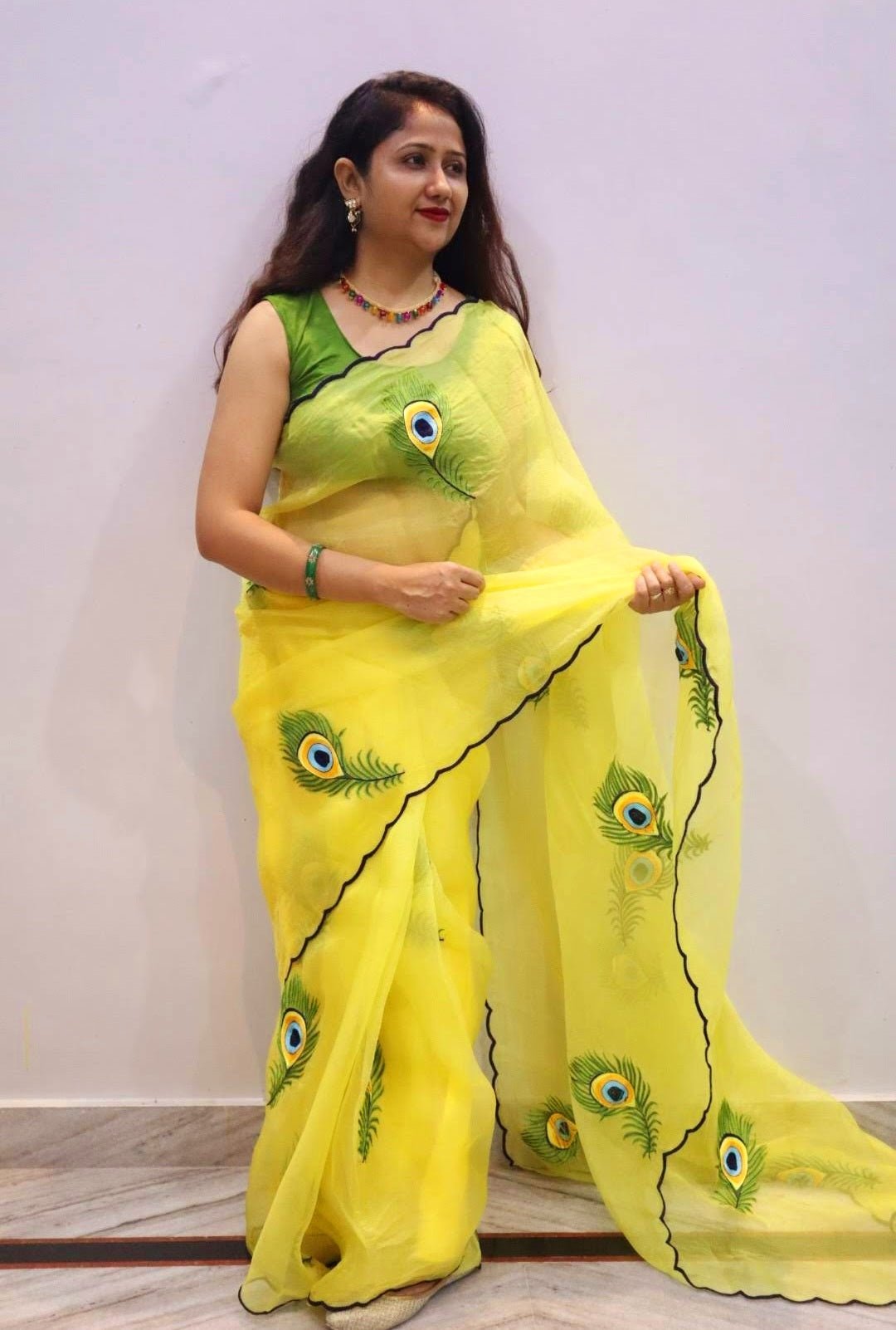 Buy Yellow Saree Organza And Blouse Chanderi Facing Embroidered